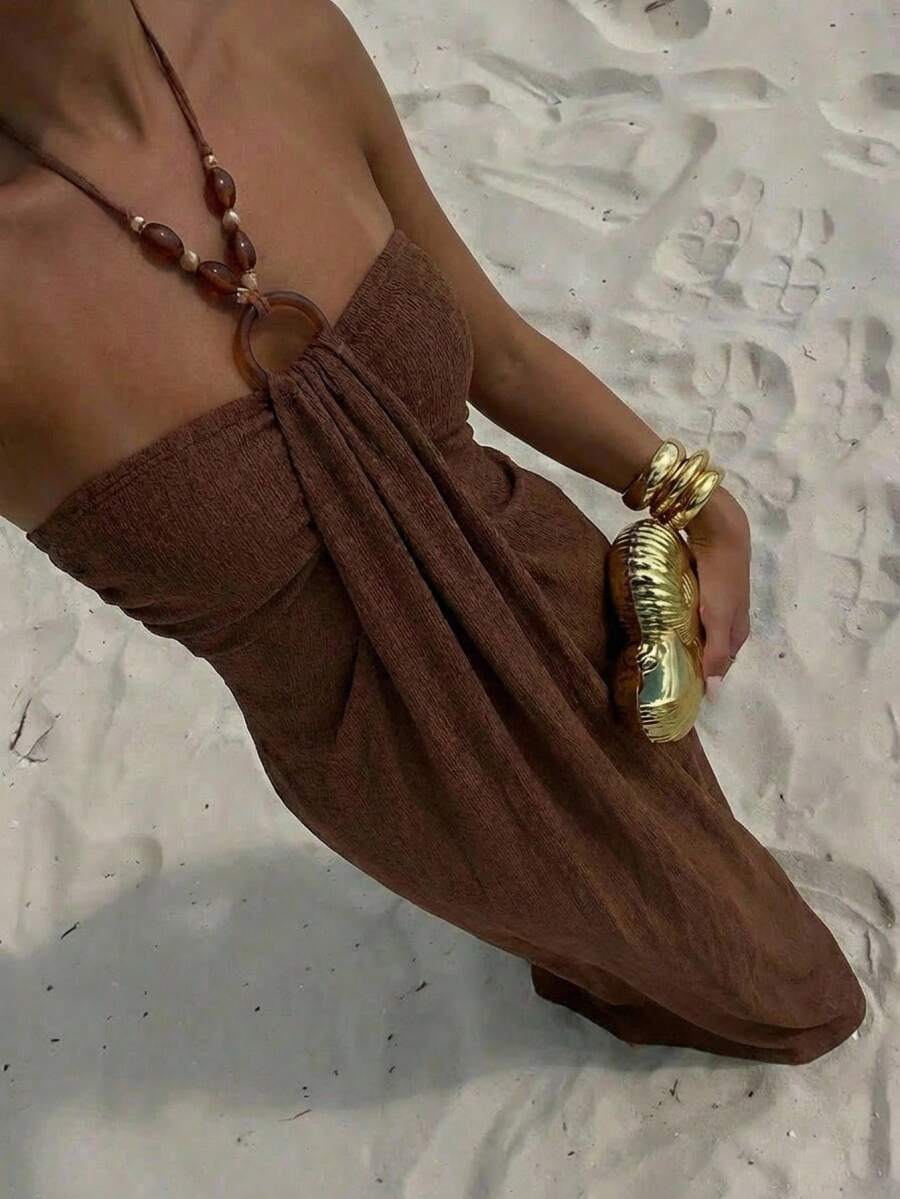 Aloruh 女士纯色褶皱露背休闲日常约会外出连衣裙