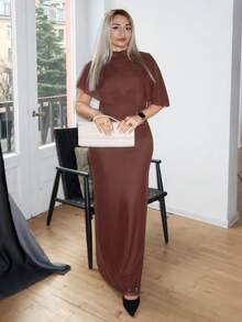 salliqueen Elegant Minimalist Commuter Fashion Elastic Waist Design Multilayer Ruffle Waist Ruffle Flattering Long Dress, Suitable For Work, Date, Vacation,Dresses For Women Elegant - Coffee - View 6