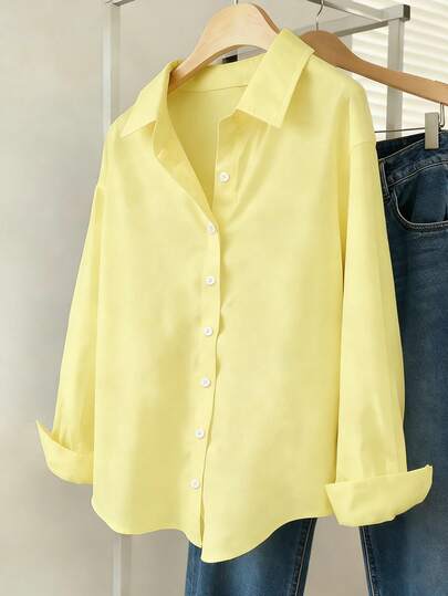 Airaco Camisa casual de mujer de unicolor de manga larga y abotonadura sencilla