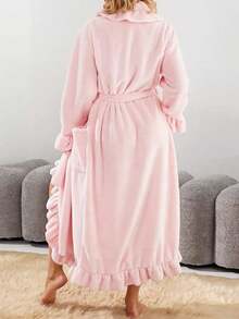 1pc Women's Super Soft Ruffle Hem Thick Fleece Robe, Ruffle Hem Fashion Robe With Side Pockets, Warm Long Bathrobe, Plush SPA Robe, Loungewear, Sleepwear - Multicolor - View 9