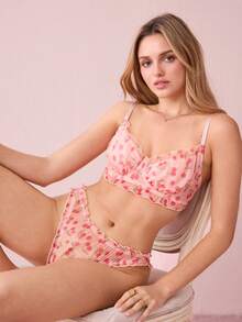 Bonmuse 2 件套女士性感内衣：粉色牡丹印花网眼褶皱钢圈性感文胸搭配褶皱丁字裤性感内裤，可爱 - 粉色 - 查看 8