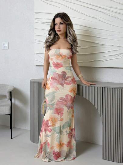 Jemour 女士优雅花卉印花露背连衣裙