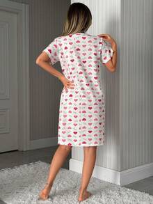SHEIN Cotton Line 女士爱心蝴蝶结印花休闲舒适圆领短袖睡衣 - 彩色 - 查看 2