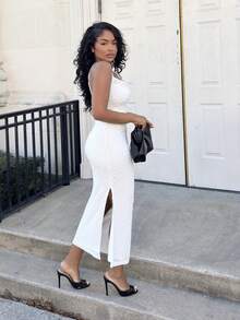 Alexandranx Elegant Romantic Apricot Spaghetti Strap V-Neck Fitted Textured Long Dress, Suitable For Valentine's Day And Wedding Season, Spring/Summer,Bodycon Dress,Boho Clothes Women - White - View 6