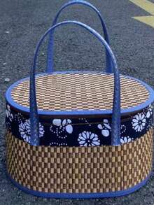 1 chiếc giỏ đựng đồ cắm trại gấp gọn đan từ tre, phủ vải batik, giỏ dã ngoại, phong cách nông thôn - Màu Khaki - Xem 7