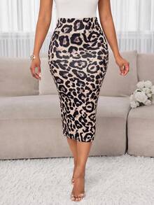 SHEIN Lady 女士豹纹高腰优雅铅笔裙 - 彩色 - 查看 5