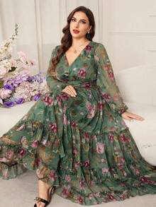 Modelyn Plus Size Women Floral Print Elegant Cinched Waist A-Line Dress - Green - View 1