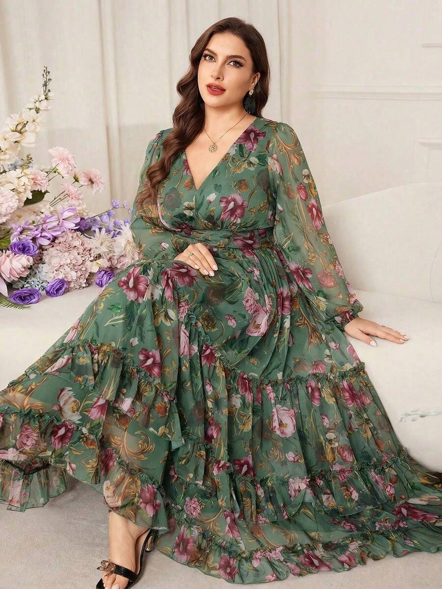 Modelyn Plus Size Women Floral Print Elegant Cinched Waist A-Line Dress - Green - View 1