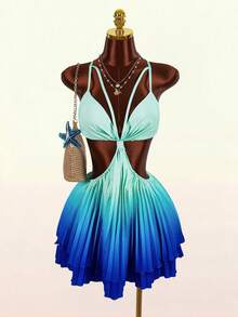 Amplova Women's Pleated Ombre Mini Skirt, A-Line Silhouette, Sexy Open Back, Waist Cutout, Cute Details, Suitable For Vacation Outfit - Multicolor - View 5