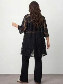 Enliva Plus Size Women Black Lace 3/4 Sleeve Loose Front Coat, Elegant Concert, Spring/Summer Fall Going Out Top, Going Out Office Top For Women, Classy Top For Women, Office Tops For Going Out, New Year, Valentine's Day, Old Money Style Top, Suitable For Multiple Occasions Spring/Summer Top For Women, For Apple And Rounded Body Shape - Black - View 3