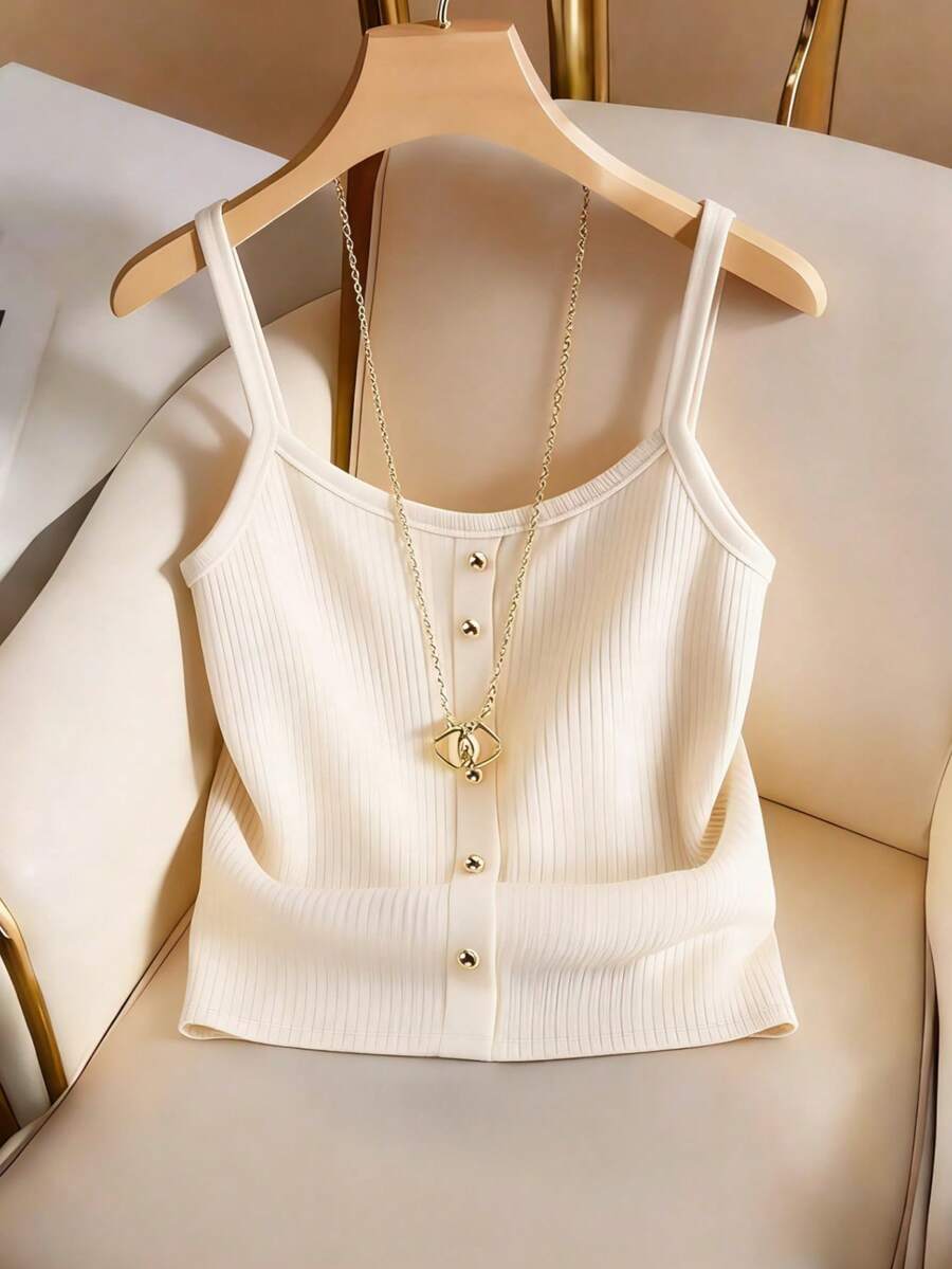 Franclia Áo camisole nữ màu trơn, thiết kế cài nút, chất liệu gân, kiểu dáng thường ngày. - Màu be - Xem 1