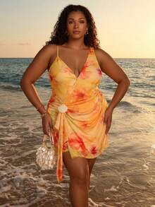 SHEIN BAE 大码女式V领黄色碎花迷你裙，贝壳装饰，度假海滩风 - 黃色 - 查看 10