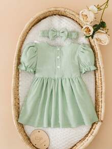 SHEIN 2-teiliges Set Baby Mädchen Vintage Botanik Verzauberte Romantik 3D Schleife dekorierter Rüschenkragen Puff Kurzarm Weich Quetschbar Leicht Grünes Kleid Festkleid Sommerkleid Outfit für Ostern Hochzeit Geburtstag Party Urlaub Frühling Sommer - Minzgrün - Übersicht 2