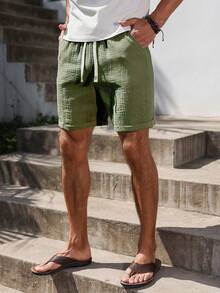 Manfinity RSRT Men's Textured Crinkle Pure Cotton Drawstring Waist Slant Pocket Casual Shorts - Army Green - View 3