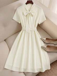 Lyxana Women's Elegant And Dignified Bowknot Collar Dress - Apricot - View 6