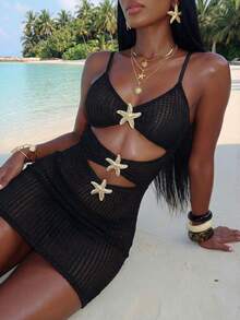 Vaytide Đầm đi biển dáng suông thanh lịch màu trơn họa tiết sao biển dành cho nữ. - màu đen - Xem 2