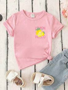 Camiseta casual de uso diario con cuello redondo y estampado de letras de limón para niña - Púrpura malva - Ver 5