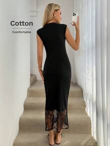 Easowa 圆领无袖蕾丝拼接腰身鱼尾休闲宽松优雅通勤复古度假中长连衣裙，春夏优雅连衣裙，蕾丝边连衣裙，女士职业装，黑色连衣裙，修身长裙，女士优雅连衣裙，铅笔裙，优雅女士连衣裙，正式场合穿着，高品质连衣裙 - 黑色 - 查看 7