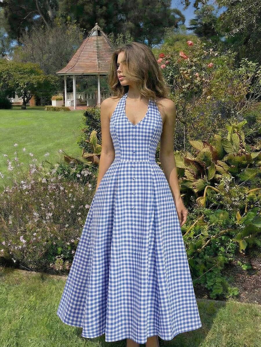 SHEIN MOD Women's Casual Plaid Backless Halter Midi Dress, Summer - Blue and White - View 1