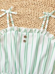 SHEIN Genkimix Kids 3件套少女休闲度假可爱碎花条纹纯色连体衣，适合多子女家庭、海滩度假、户外玩耍、上学等场合。 - 綠色 - 查看 7