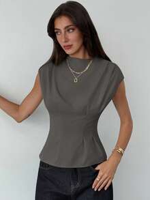 Aloruh Women's Solid Color Round Neck Ruched Design Casual Blouse - Grey - View 5
