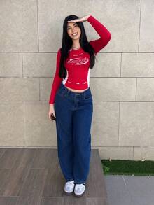 Hitanina Camiseta de manga larga de cuello redondo de algodón con bloques de color azul oscuro para mujer, para uso casual en días de juego, de vuelta a la escuela y en otoño/invierno - Burdeos - Ver 6