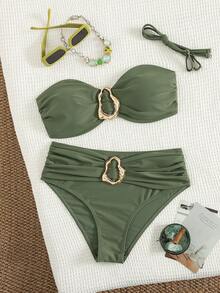 Swim Basics 女士沙滩度假休闲全黑可拆卸细肩带高腰裤配金属配件比基尼套装 - 軍綠色 - 查看 5