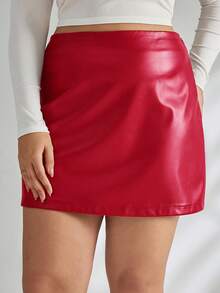 SHEIN Tall CURVE 大码修身低腰迷你裙、皮裙、秋季半裙 - 紅色 - 查看 4