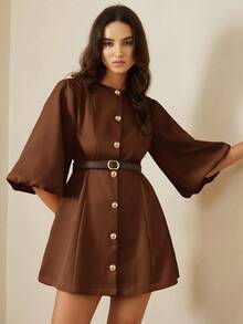 BELROSIE Gaun Rajut Herringbone Lengan Lentera Elegan Serbaguna dengan Desain Modis dan Mewah - Coklat - View 6