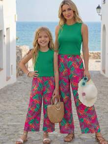 SHEIN 两件套少女夏季可爱度假针织绿色碎花吊带背心和裤子套装 - 綠色 - 查看 3