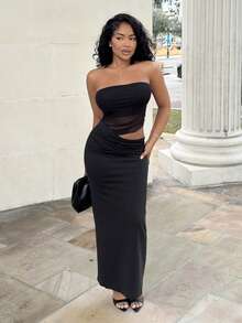 Alexandranx 黑色性感吊带网纱褶皱拼接镂空腰部连衣裙，适合约会和聚会 - 黑色 - 查看 3