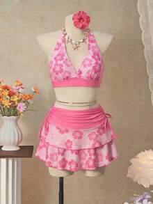 Bellisia 26SS Orange Halter Neck Triangle Bikini Top dengan Rok Senada, Set 3 Potong, Pakaian Pantai/Resort - Berwarna merah muda - View 5