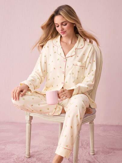 CottageSlumber 碎花印花撞色包边口袋睡衣套装/节日睡衣套装，繁花似锦，秋冬舒适优雅细节