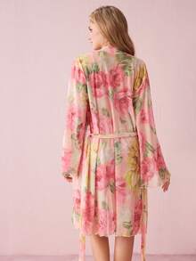 Bonmuse Fashionable Floral Print Lace Trim Camisole Nightgown And Robe Set For Women Lingerie Set With Robe Floral Robe 2 Piece Nightgown Sheer Robe Floral Nightgownfor Summer - Pink - View 4