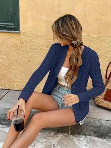 Breezaya 女士镂空薄款开衫长袖女式度假套装 女士休闲套装 女士开衫 女士夏季套装 女士春季套装 - 寶藍色 - 查看 6