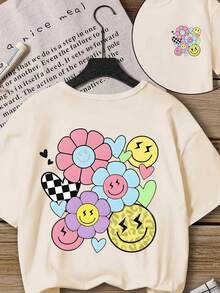 夏季波西米亚风柔软少女笑脸印花短袖T恤，休闲舒适，适合春夏穿着，百搭夏季单品，适合户外活动、野餐、街头摄影、居家、上学、节日庆典等场合，也是馈赠佳品。宽松版型，尽显少女夏日风情。 - 白色 - 查看 4