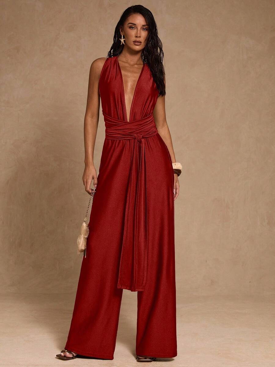 SHEIN Glamour Bộ jumpsuit nữ màu trơn, cổ chữ V sâu, thắt eo, không tay, gợi cảm. - Màu Đỏ Sâu - Xem 1