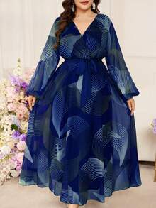 Modelyn 大码女士条纹优雅修身中长连衣裙 - 寶藍色 - 查看 4