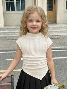 SHEIN Serisse Kids 女童休闲立领不对称下摆短袖T恤 - 白色 - 查看 5