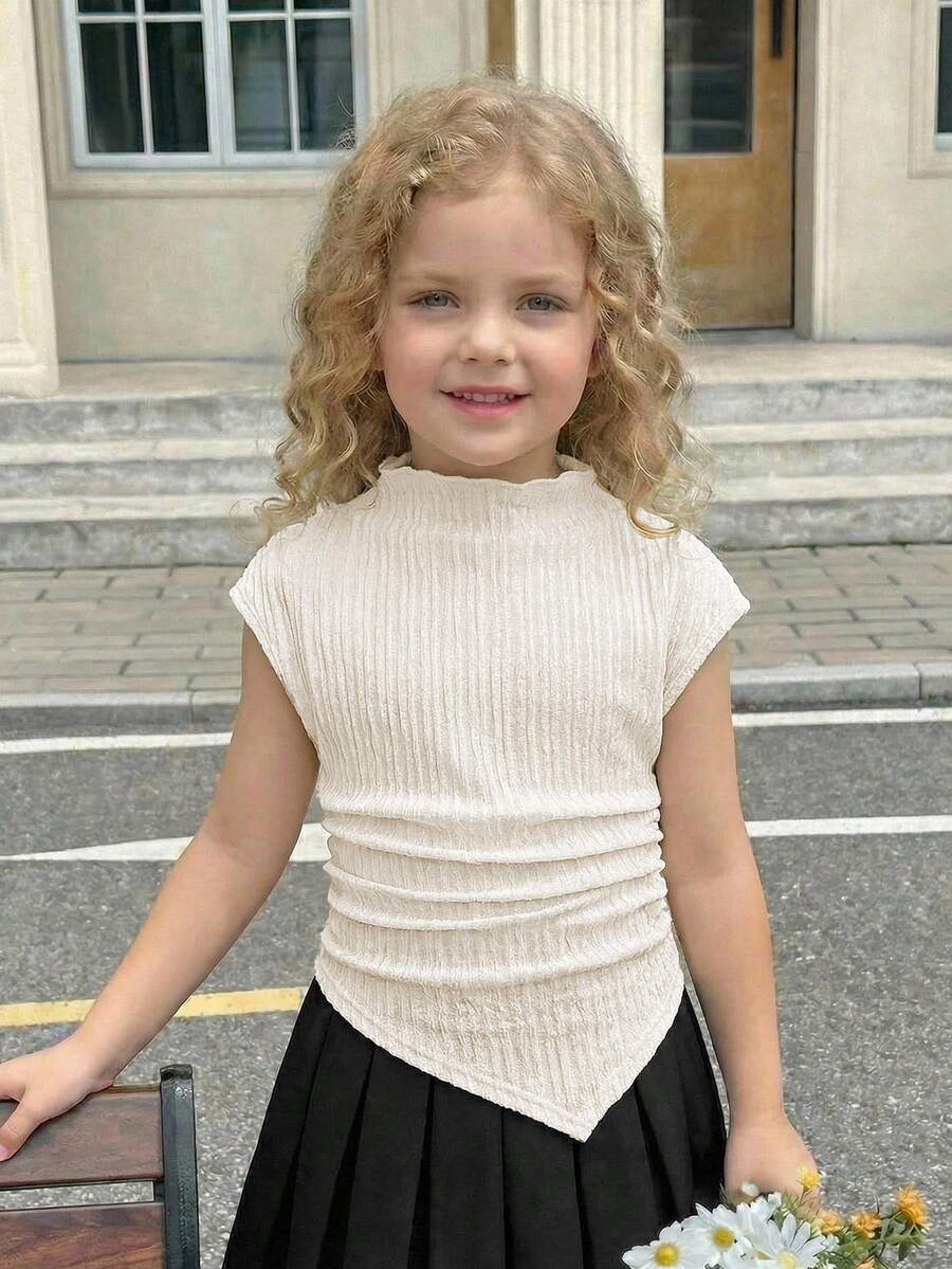 SHEIN Áo thun tay ngắn cổ tàu vạt lệch vai dáng casual cho bé gái - trắng - Xem 1