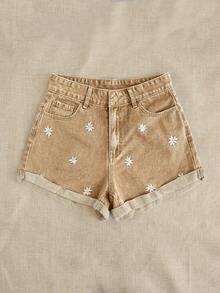 Breezaya 女士休闲雏菊刺绣卷边牛仔短裤，适合夏季度假和日常通勤 - 卡其色 - 查看 4