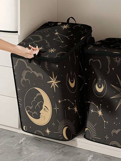 1PC Moon And Star Pattern Large Capacity Clothing Storage Bag Foldable With Sturdy Zipper For Blankets Bedding Quilt Comforter Organizer Box For Closet Home Bedroom Shelf Christmas Halloween Thanksgiving Easter Gift