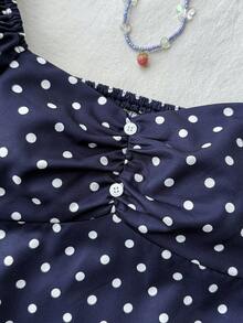 SHEIN Áo kiểu chấm bi buộc dây sau lưng, phong cách tối giản, thoải mái cho bé gái tuổi teen. - Màu xanh lam - Xem 5