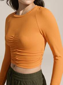 Exploreva Exploreva Women's Solid Color Round Neck Long Sleeve Pleated Slim Fit Outdoor T-Shirt,Orange Summer Athletic Sports Workout Activewear Tight Fitted Crop Top - Orange - View 2