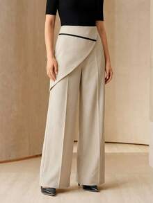 Anewsta 新款现代休闲套装 时尚百搭不对称设计 侧边口袋 优雅女士直筒裤 - 卡其色 - 查看 3