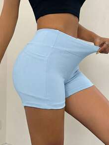 SHEIN EZwear Leggings cortos opacos de unicolor y versátiles - Azul - Ver 5