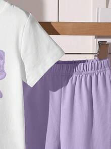 Set de 2 piezas: Camiseta morada con decoración de lazo y pantalones acampanados para niñas pequeñas, conjunto versátil y a juego, adecuado para uso diario, casual y cómodo para el hogar o salidas - Multicolor - Ver 5