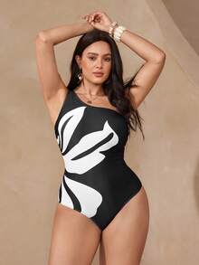 Swim Oasis Plus Size Black & White Placement Print One-Piece Swimsuit With Mesh Skirt,Shoulder Bag,Waist Drawstring,Summer Elegant Formal Beach Evening Holiday - Black and White - View 5