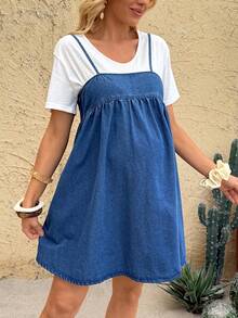 SHEIN Maternity Casual Sleeveless Denim Dress - Blue - View 1