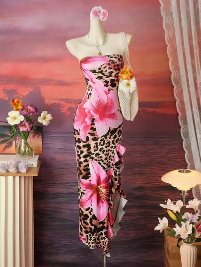 Femesol Women's Long Dress With All-Over Floral & Leopard Print, Sexy Strapless Slit Ruffle Hem Fitted Bodycon Dress For Summer Vacation